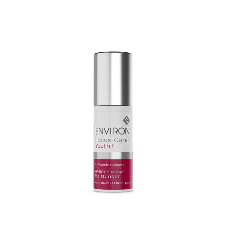 Butelka kremu ENVIRON Avance Moisturiser w kolorze białym, ze srebrną nakrętką i biało-bordową etykietą.
