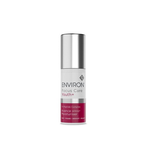 Butelka kremu ENVIRON Avance Moisturiser w kolorze białym, ze srebrną nakrętką i biało-bordową etykietą.