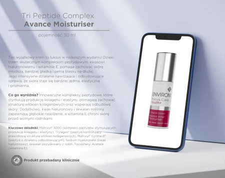 Po prawej stronie zdjęcie butelki kremu ENVIRON Avance Moisturiser pokazane w telefonie komórkowym, po lewej na szarym tle opis produktu, zalety i składniki aktywne.