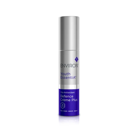 Butelka kremu ENVIRON Antioxidant Defence Creme Plus 35 ml w kolorze srebrnym, ze srebrną nakrętką i granatową etykietą.