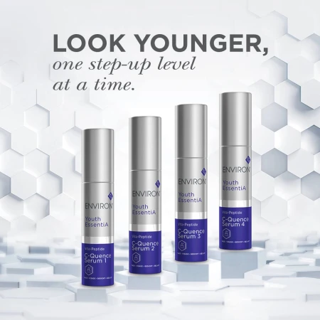 Cztery produkty zaawansowanych serum z serii Youth EssentiA® system C-Quence Serum od 1 do 4. W tle heksagony nawiązujące do technologii i nauki. Przekaz to systematyczne, inteligentne podejście do pielęgnacji, które wspiera zdrowy, młody wygląd skóry.