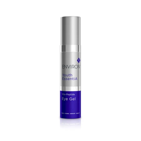 Butelka kremu ENVIRON Vita-Peptide Eye Gel 10 ml w kolorze srebrnym, ze srebrną nakrętką i granatową etykietą.