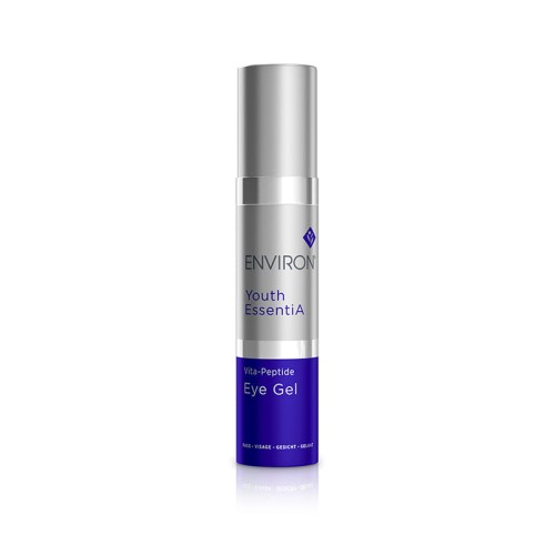 Butelka kremu ENVIRON Vita-Peptide Eye Gel 10 ml w kolorze srebrnym, ze srebrną nakrętką i granatową etykietą.