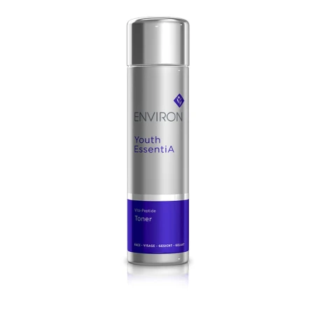 Butelka toniku ENVIRON Vita-Peptide Toner  200ml w kolorze srebrnym, ze srebrną nakrętką i granatową etykietą.