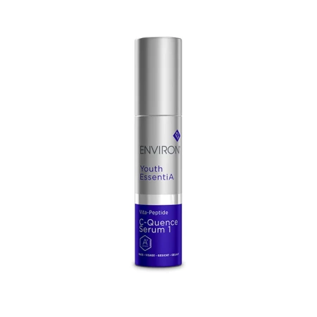 Butelka kremu ENVIRON C-Quence Serum 1 35 ml w kolorze srebrnym, ze srebrną nakrętką i granatową etykietą.