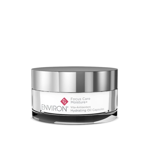 Elegancki, biały słoiczek z kapsułkami ENVIRON Hydrating Oil Capsules, ze srebrną nakretką i różowym logo marki.
