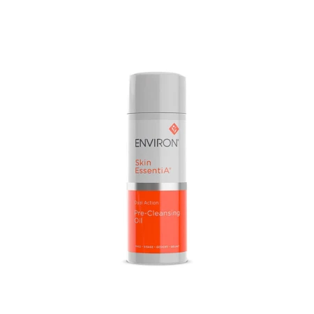 ENVIRON Pre-Cleansing Oil - olejek do demakijażu poprzedzający oczyszczanie 100ml - Biała butelka z pompką Environ Skin EssentiA Dual Action Pre-Cleansing Oil z biało-pomarańczową etykietą i logo Environ, przeznaczona do demakijażu i oczyszczania twarzy.