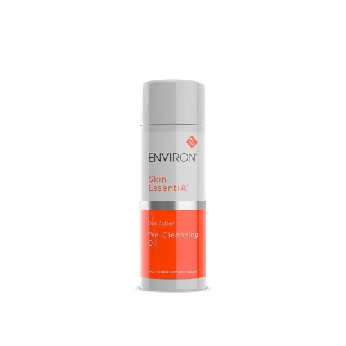 ENVIRON Pre-Cleansing Oil - olejek do demakijażu poprzedzający oczyszczanie 100ml - Biała butelka z pompką Environ Skin EssentiA Dual Action Pre-Cleansing Oil z biało-pomarańczową etykietą i logo Environ, przeznaczona do demakijażu i oczyszczania twarzy.