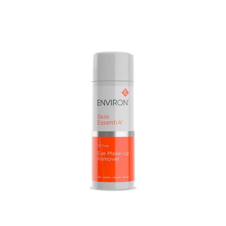 Biała butelka z pompką ENVIRON Eye Make-up Remover z biało-pomarańczową etykietą i logo Environ, przeznaczona do demakijażu oczu.