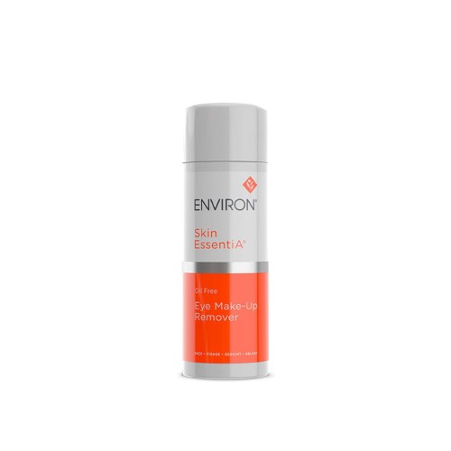Biała butelka z pompką ENVIRON Eye Make-up Remover z biało-pomarańczową etykietą i logo Environ, przeznaczona do demakijażu oczu.