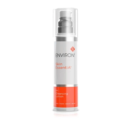 Biała butelka z pompką Environ Skin EssentiA Cleansing Lotion z biało-pomarańczową etykietą i logo Environ, przeznaczona do demakijażu i oczyszczania twarzy.