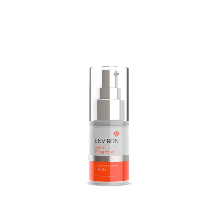 Butelka żelu Antioxidant & Peptide Eye Gel z pompką w kolorze białym i pomarańczowym, z metaliczną, srebrną nakrętką i kolorowymi napisami z nazwą.