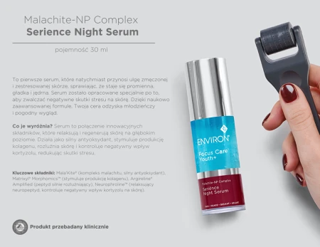 Po prawej zdjęcia ENVIRON Serience Night Serum i roller Roll-Cit, po lewej opis produktu, składniki i co go wyróżnia.