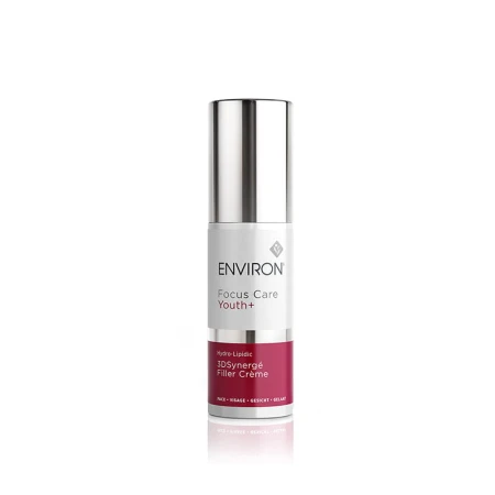 Butelka kremu ENVIRON 3D Synerge Filler Creme w kolorze białym, ze srebrną nakrętką i biało-bordową etykietą.