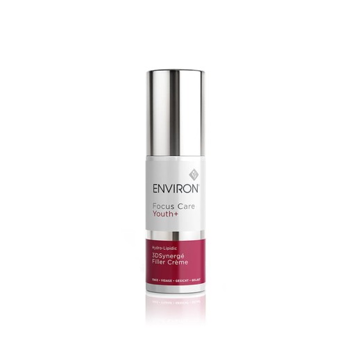 Butelka kremu ENVIRON 3D Synerge Filler Creme w kolorze białym, ze srebrną nakrętką i biało-bordową etykietą.