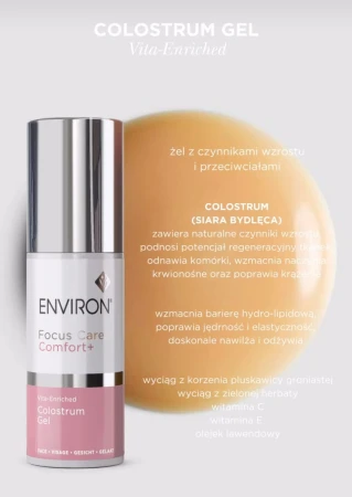 Butelka żelu Environ Focus Care Comfort+ Colostrum Gel z pompką, w kolorze białym z metaliczną, srebrną nakrętką i biało-różową etykietą, obok butelki próbka żelu w kolorze pomarańczowym i wypisanymi składnikami aktywnymi.