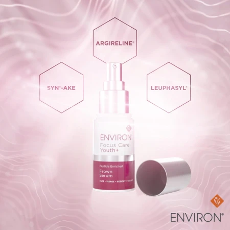 Zdjęcie przedstawia Frown Serum jako zaawansowany technologicznie produkt, szczególnie ukierunkowany na wygładzanie zmarszczek mimicznych. W tle delikatne, faliste linie i różowe odcienie. Nad produktem wymienione trzy substancje aktywne.