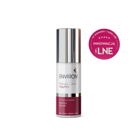 Butelka ENVIRON Tri-Retinoid Complex Retinol Serum w kolorze białym, ze srebrną nakrętką i biało-bordową etykietą.