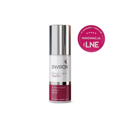 Butelka ENVIRON Tri-Retinoid Complex Retinol Serum w kolorze białym, ze srebrną nakrętką i biało-bordową etykietą.