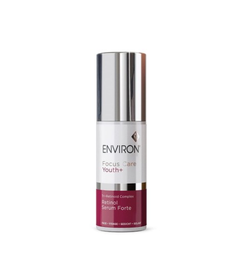 Butelka ENVIRON Tri-Retinoid Complex Retinol Serum Forte w kolorze białym, ze srebrną nakrętką i biało-bordową etykietą.