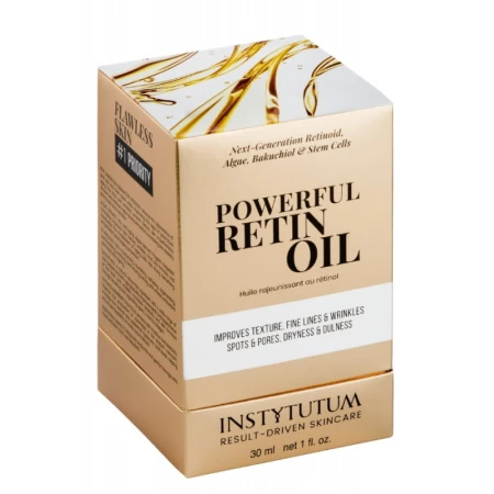 Złote opakowanie produktu Instytutum Powerful Retin Oil, 30 ml. Na przodzie informacje o składnikach: retinoid nowej generacji, algi, bakuchiol i komórki macierzyste. Produkt redukuje zmarszczki, przebarwienia, suchość i poprawia strukturę skóry.
