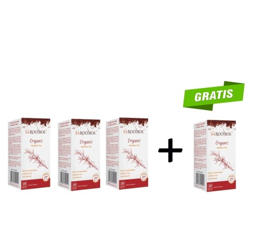Cztery pudełka herbaty SA ROOIBOS Organic Rooibos Tea ustawione w rzędzie, z czego jedno oznaczone jako „GRATIS” zieloną etykietą. Promocja 3+1. Herbata bezkofeinowa, bogata w antyoksydanty, 100% naturalna.