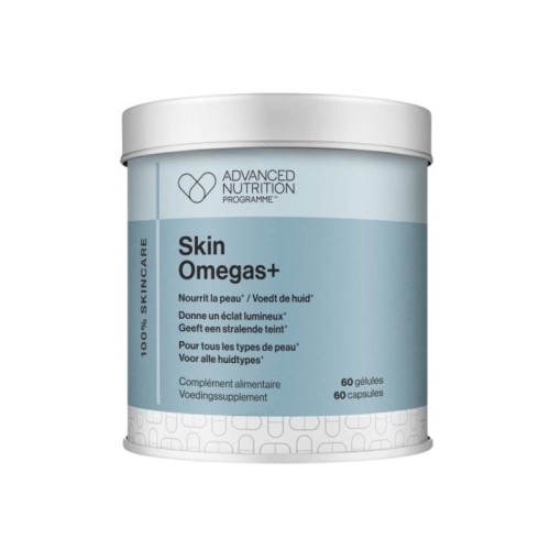 Opakowanie suplementu Skin Omegas+ marki Advanced Nutrition Programme. Niebieska puszka z napisem „Skin Omegas+” i informacją, że produkt odżywia skórę, nadaje jej blask i jest odpowiedni dla wszystkich typów skóry. Zawiera 60 kapsułek.
