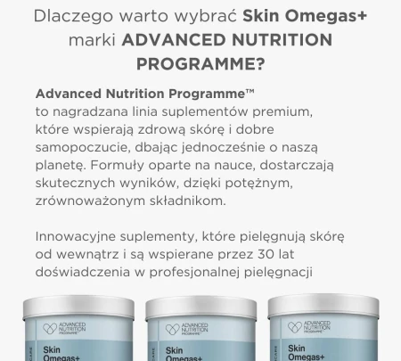Grafika przedstawia tekst promujący suplement Skin Omegas+ marki Advanced Nutrition Programme™ oraz trzy pojemniki produktu. Tekst podkreśla skuteczność, naukowe podejście i 30 lat doświadczenia marki.