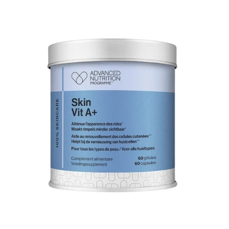 Biała, cylindryczna puszka z etykietą „Skin Vit A+” od Advanced Nutrition Programme. Zawiera 60 kapsułek z witaminami A i D wspierających zdrowie skóry.