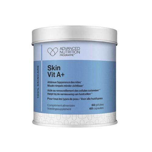 Biała, cylindryczna puszka z etykietą „Skin Vit A+” od Advanced Nutrition Programme. Zawiera 60 kapsułek z witaminami A i D wspierających zdrowie skóry.