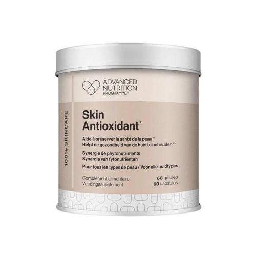 Biała, cylindryczna puszka z brązową etykietą zawierająca suplement diety Skin Antioxidant marki Advanced Nutrition Programme. Etykieta informuje o zawartości 60 kapsułek wspierających ochronę skóry przed działaniem wolnych rodników