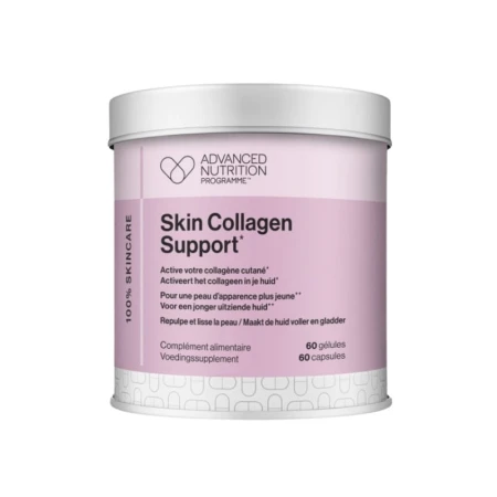 opakowanie suplementu diety Skin Collagen Support marki Advanced Nutrition Programme. Biało-różowy pojemnik zawiera 60 kapsułek wspierających produkcję kolagenu i poprawiających wygląd skóry.