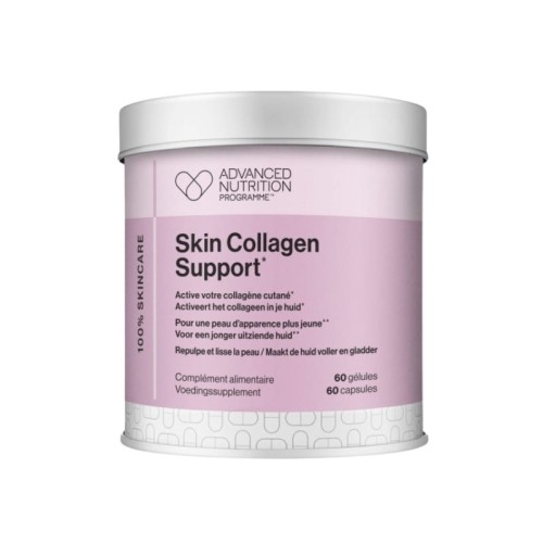 opakowanie suplementu diety Skin Collagen Support marki Advanced Nutrition Programme. Biało-różowy pojemnik zawiera 60 kapsułek wspierających produkcję kolagenu i poprawiających wygląd skóry.