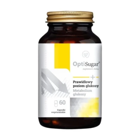 Brązowa butelka z złotą zakrętką zawierająca suplement diety OptiSugar. Etykieta w kolorach białym, żółtym i szarym z grafiką symbolizującą spadek poziomu glukozy.
