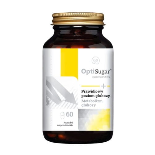 Brązowa butelka z złotą zakrętką zawierająca suplement diety OptiSugar. Etykieta w kolorach białym, żółtym i szarym z grafiką symbolizującą spadek poziomu glukozy.