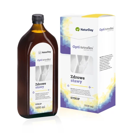 Brązowa butelka i kartonik suplementu diety OptiArtroflex marki NaturDay. Etykieta w kolorach białym, niebieskim i żółtym.