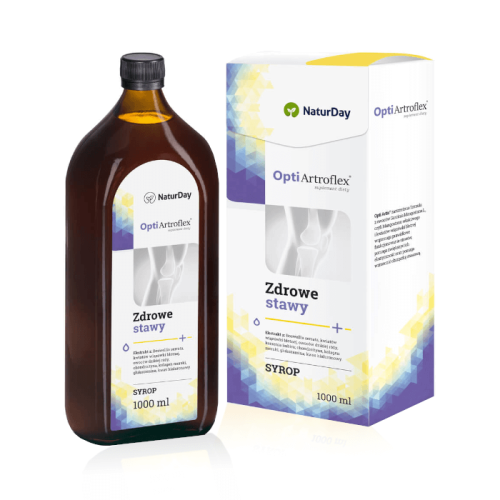 Brązowa butelka i kartonik suplementu diety OptiArtroflex marki NaturDay. Etykieta w kolorach białym, niebieskim i żółtym.