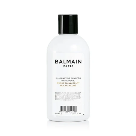 Balmain Paris Illuminating Shampoo White Pearl w białej butelce z czarną nakrętką, pojemność 300 ml.