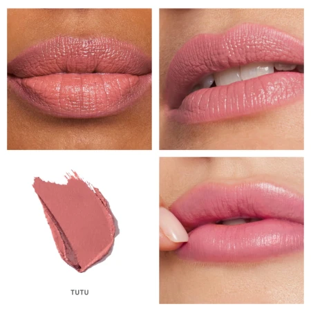 Na zdjęciu widzimy szminkę Jane Iredale w odcieniu Tutu przedstawioną w różnych wariantach na ustach modelek o różnych karnacjach. Odcień: Tutu      Delikatny, chłodny róż. Subtelny i dziewczęcy, ale wyrazisty.Doskonale sprawdza się na co dzień