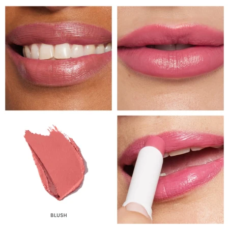Na zdjęciu widzimy szminkę Jane Iredale w odcieniu Blush, zaprezentowaną na różnych typach urody.  Odcień: Blush      Klasyczny róż o ciepłym, lekko brzoskwiniowym tonie  Naturalny, kobiecy kolor, który dodaje świeżości