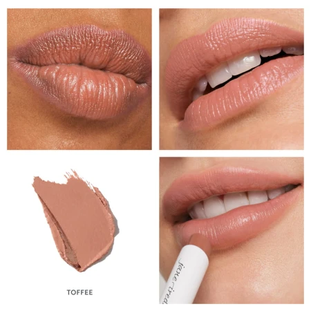 Na zdjęciu przedstawiona jest szminka Jane Iredale w odcieniu Toffee, zaprezentowana na różnych odcieniach skóry. Odcień: Toffee      Ciepły, karmelowy nude z delikatnym brzoskwiniowym tonem      Naturalny, elegancki kolor w stylu „makeup no makeup