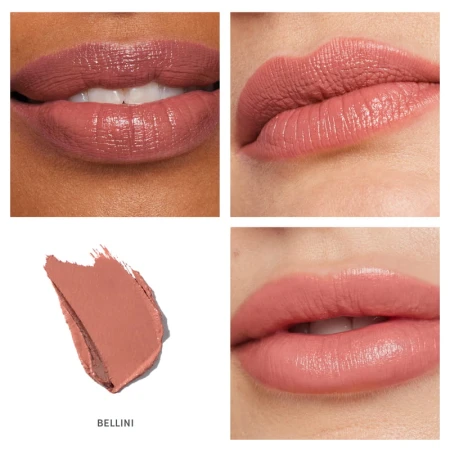 Na zdjęciu zaprezentowano szminkę Jane Iredale w odcieniu Bellini, przedstawioną na trzech różnych typach urody. Odcień: Bellini      Ciepły, morelowo-brzoskwiniowy nude z domieszką różu      Bardzo naturalny i świeży kolor