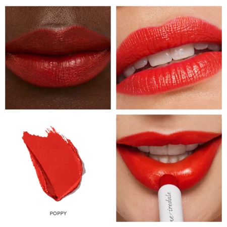 Na zdjęciu przedstawiono szminkę Jane Iredale w odcieniu Poppy, pokazując jej wygląd na ustach modelek o różnych karnacjach. Odcień: Poppy      Żywa, intensywna czerwień z ciepłym, pomarańczowym podtonem      Wyrazisty, energetyzujący kolor