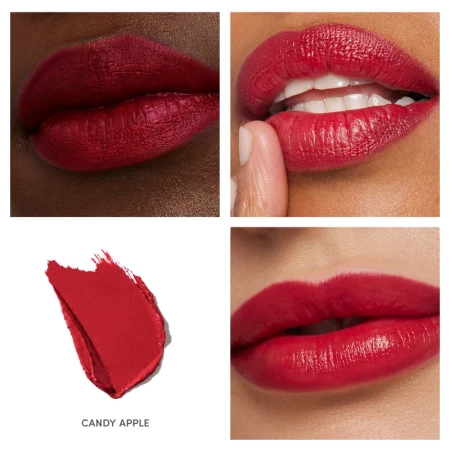 Na zdjęciu widoczna jest szminka Jane Iredale w odcieniu Candy Apple, pokazana na ustach modelek o różnych tonacjach skóry. Odcień: Candy Apple      Klasyczna, głęboka czerwień z chłodnym, lekko wiśniowym tonem Soczysty kolor skórki czerwonego jabłka