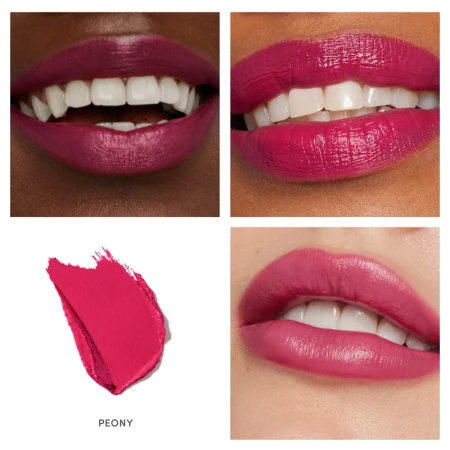 Na zdjęciu pokazano szminkę Jane Iredale w odcieniu Peony, zaprezentowaną na ustach modelek o różnych tonacjach skóry. Odcień: Peony      Intensywny, nasycony róż z nutą fuksji      Żywy i energetyczny kolor