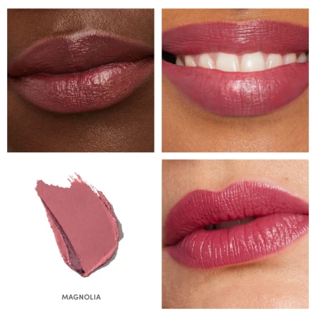 Na zdjęciu przedstawiono szminkę Jane Iredale w odcieniu Magnolia, zaprezentowaną na ustach modelek o różnych karnacjach. Odcień: Magnolia      Głęboki, neutralny róż z domieszką brązu      Subtelny, elegancki kolor codzienny
