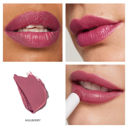 Na zdjęciu przedstawiono szminkę Jane Iredale w odcieniu Mulberry, ukazaną na ustach modelek o różnych typach urody. Odcień: Mulberry      Chłodny, intensywny fioletowo-śliwkowy róż      Kolor przypominający dojrzałą morwę (mulberry)