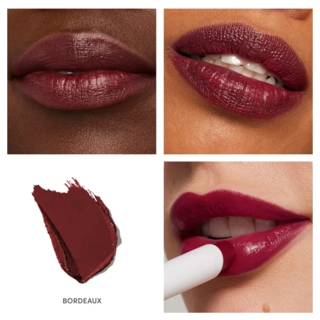 Na zdjeciu szminka Jane iredale w odcieniu Bordeux, pokazana na ustach modelki. Odcień: Bordeaux      Głęboka, zmysłowa czerwień z domieszką burgundu i fioletu      Elegancki, wieczorowy kolor inspirowany czerwonym winem z regionu Bordeaux