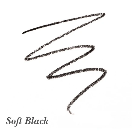 Próbka koloru kredki do brwi Jane Iredale PureBrow Precision Pencil Soft Black – bardzo ciemny, intensywny brąz wpadający w czerń. Odpowiedni dla osób o czarnych lub bardzo ciemnych włosach, które pragną mocnego podkreślenia brwi bez efektu przerysowania.