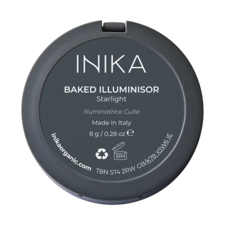 Baked-Illuminisor-Starlight-back.pngNa zdjęciu widoczna jest tylna etykieta produktu INIKA Organic Baked Illuminisor – starlight. Rozświetlacz wypiekany w odcieniu Dewdrop, wyprodukowany we Włoszech. Formuła oparta na naturalnych składnikach